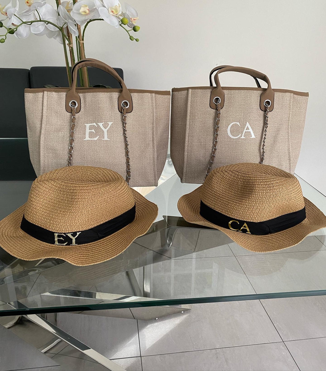 Shoulder Canvas Tote Bag and Straw Hat Bundle SET